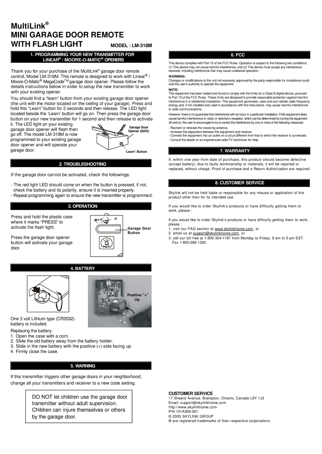 SkyLink warranty Mini Garage Door Remote With Flash Light, Model LM-318M 
