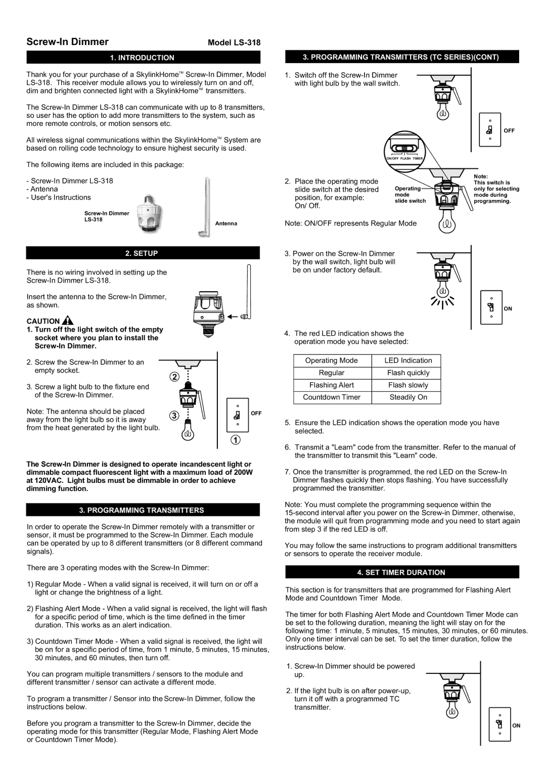 SkyLink LS-318 manual Introduction Programming Transmitters TC Seriescont, Setup, SET Timer Duration 