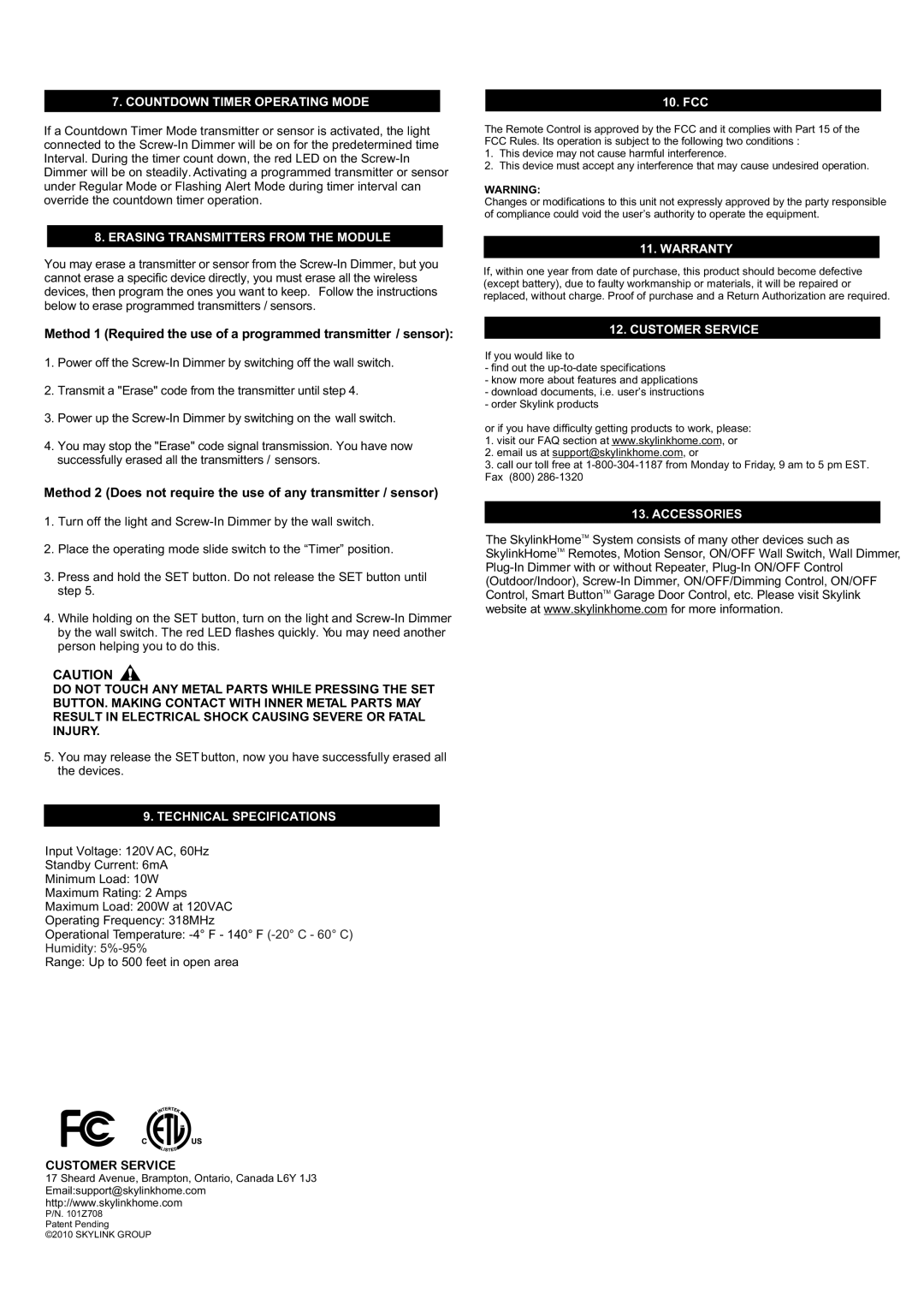 SkyLink LS-318 Countdown Timer Operating Mode, Erasing Transmitters from the Module, Technical Specifications, Warranty 