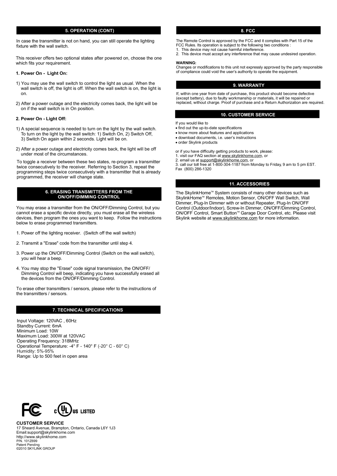 SkyLink MD-318 Erasing Transmitters from the ON/OFF/DIMMING Control, Technical Specifications, Warranty, Customer Service 