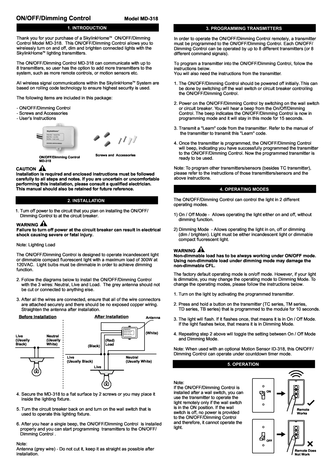 SkyLink manual Introduction, Installation, Programming Transmitters, Operating Modes, Operation, Model MD-318 