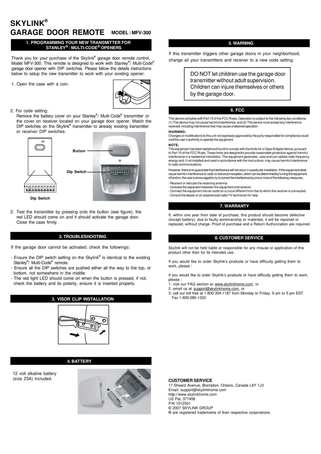 SkyLink warranty Skylink Garage Door Remote Model MFV-300, Troubleshooting, Visor Clip Installation Battery, Warranty 