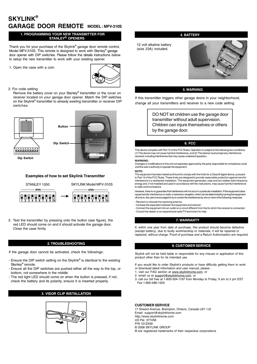 SkyLink user manual Skylink Garage Door Remote Model MFV-310S, Examples of how to set Skylink Transmitter 