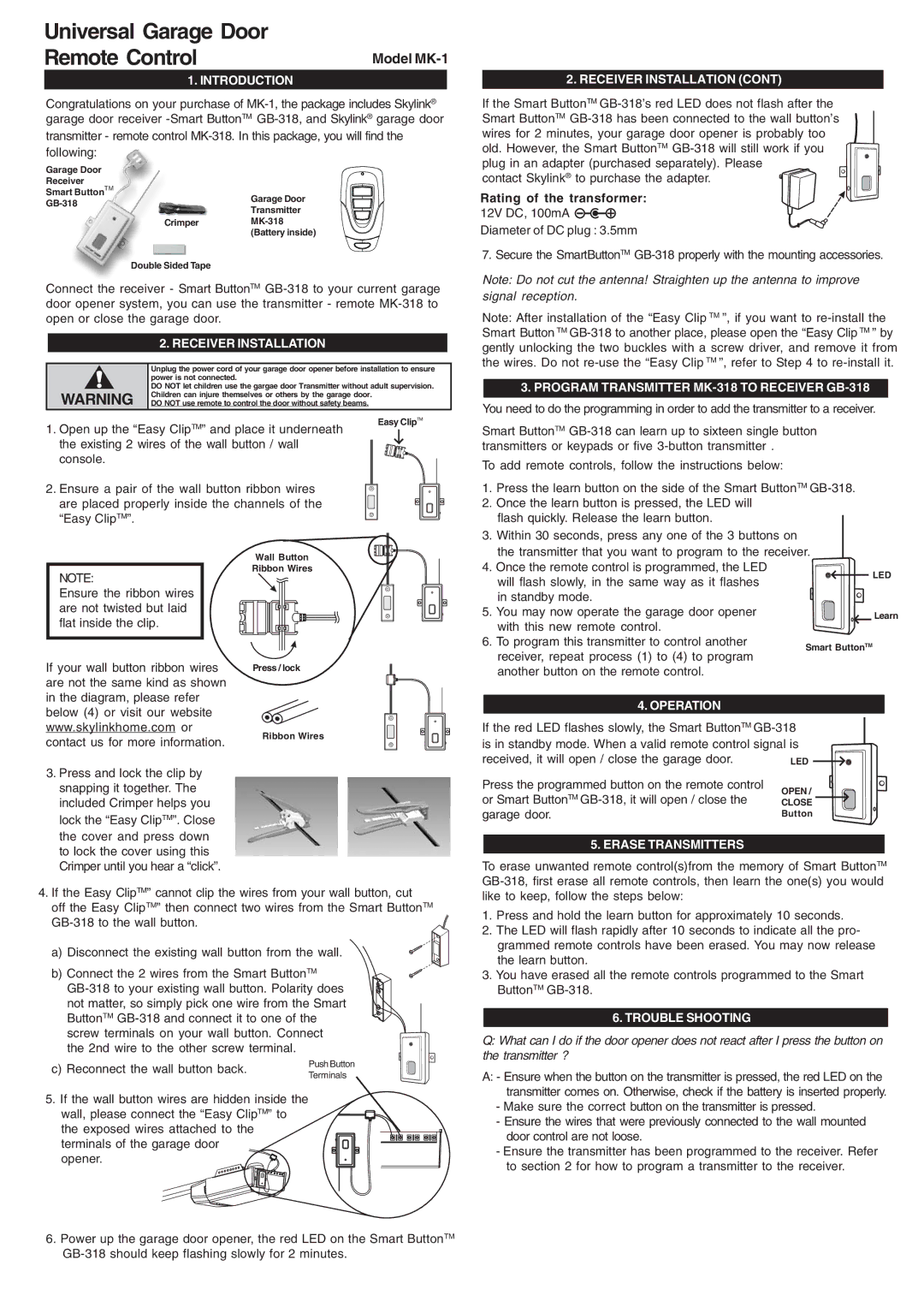 SkyLink MK-1 manual Introduction, Receiver Installation, Program Transmitter MK-318 to Receiver GB-318, Operation 