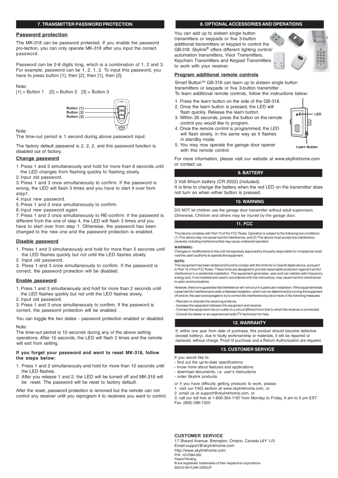 SkyLink MK-1 Transmitter Password Protection, Optional Accessories and Operations, Battery, Warranty, Customer Service 