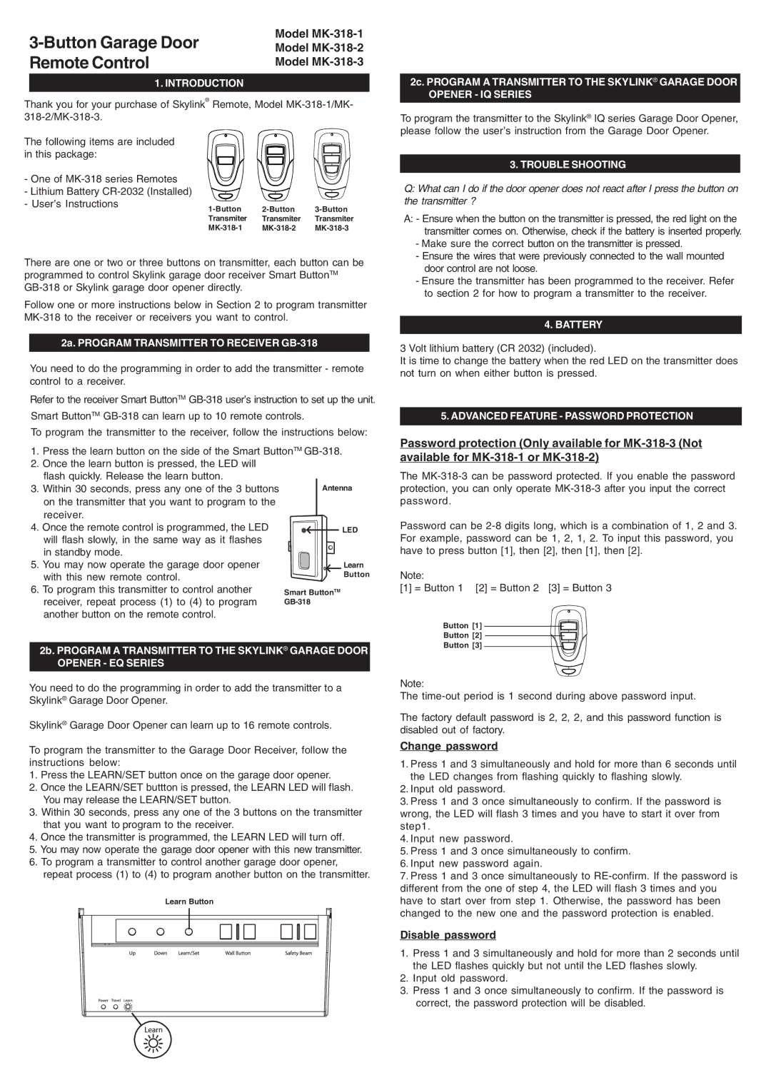 SkyLink MK-318-3 manual Introduction, Opener EQ Series, Opener IQ Series, Trouble Shooting, Battery 