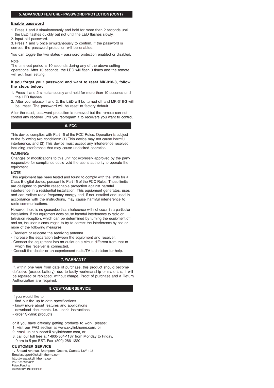 SkyLink MK-318-3 manual Enable password, Fcc, Warranty, Customer Service 