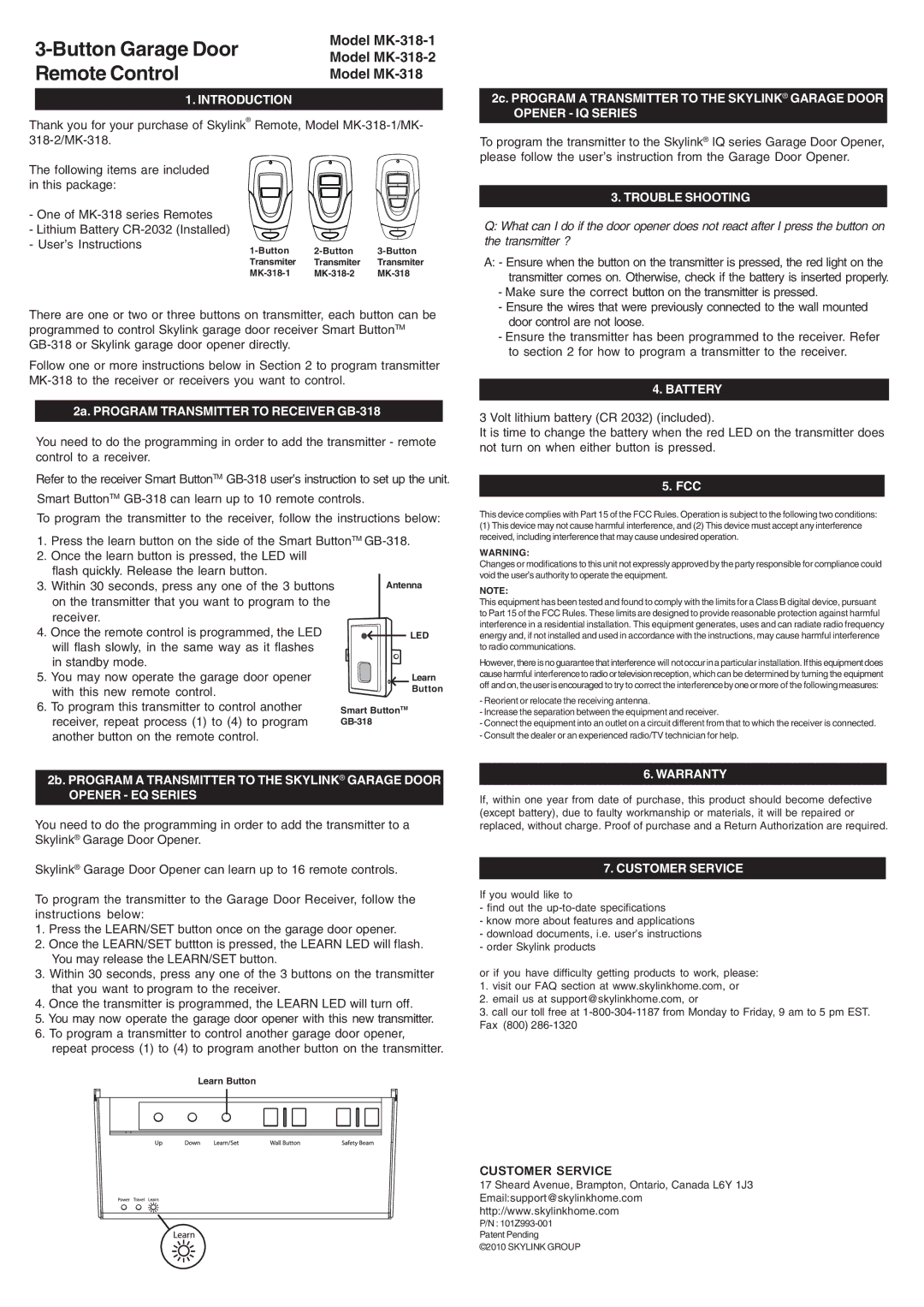 SkyLink MK-318-1, MK-318-2 warranty Introduction, Opener EQ Series, Opener IQ Series, Trouble Shooting, Battery, Warranty 