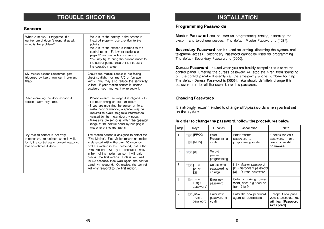 SkyLink ML-001, ML-100 manual Trouble Shooting Installation, Sensors, Programming Passwords, Changing Passwords 