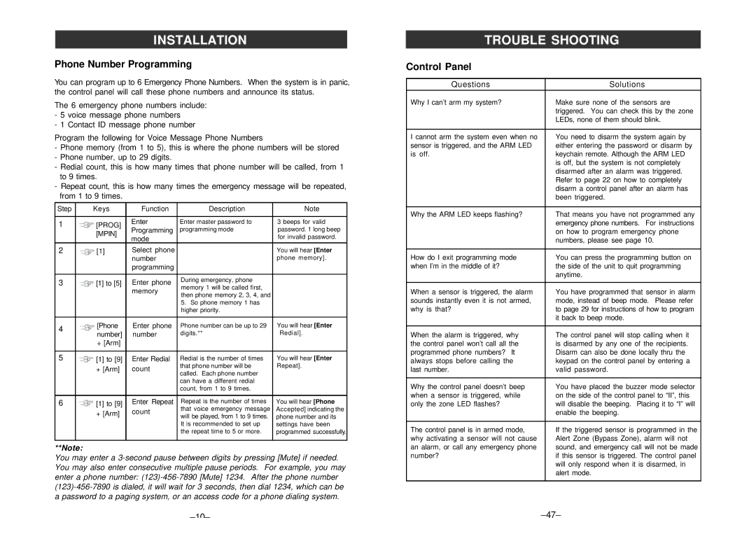 SkyLink ML-100, ML-001 manual Installation Trouble Shooting, Phone Number Programming, Control Panel, Questions, Solutions 