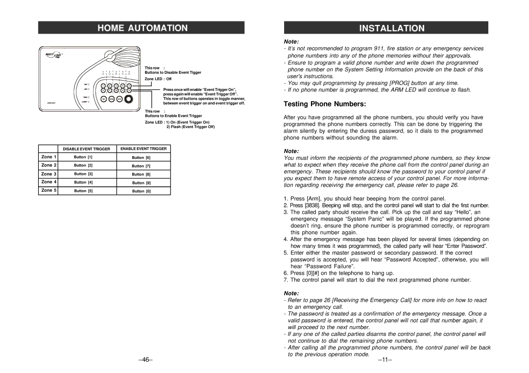 SkyLink ML-001, ML-100 manual Home Automation, Testing Phone Numbers 