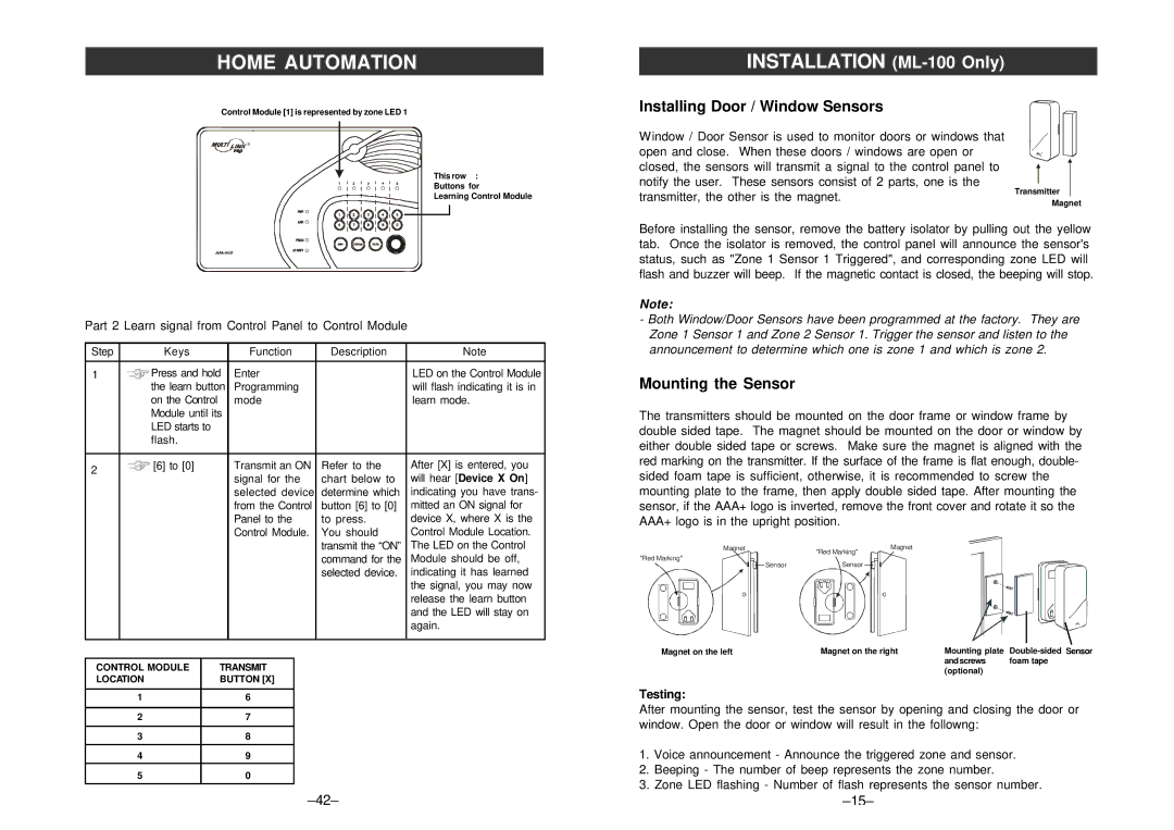 SkyLink ML-001, ML-100 manual Installing Door / Window Sensors, Mounting the Sensor, Testing 