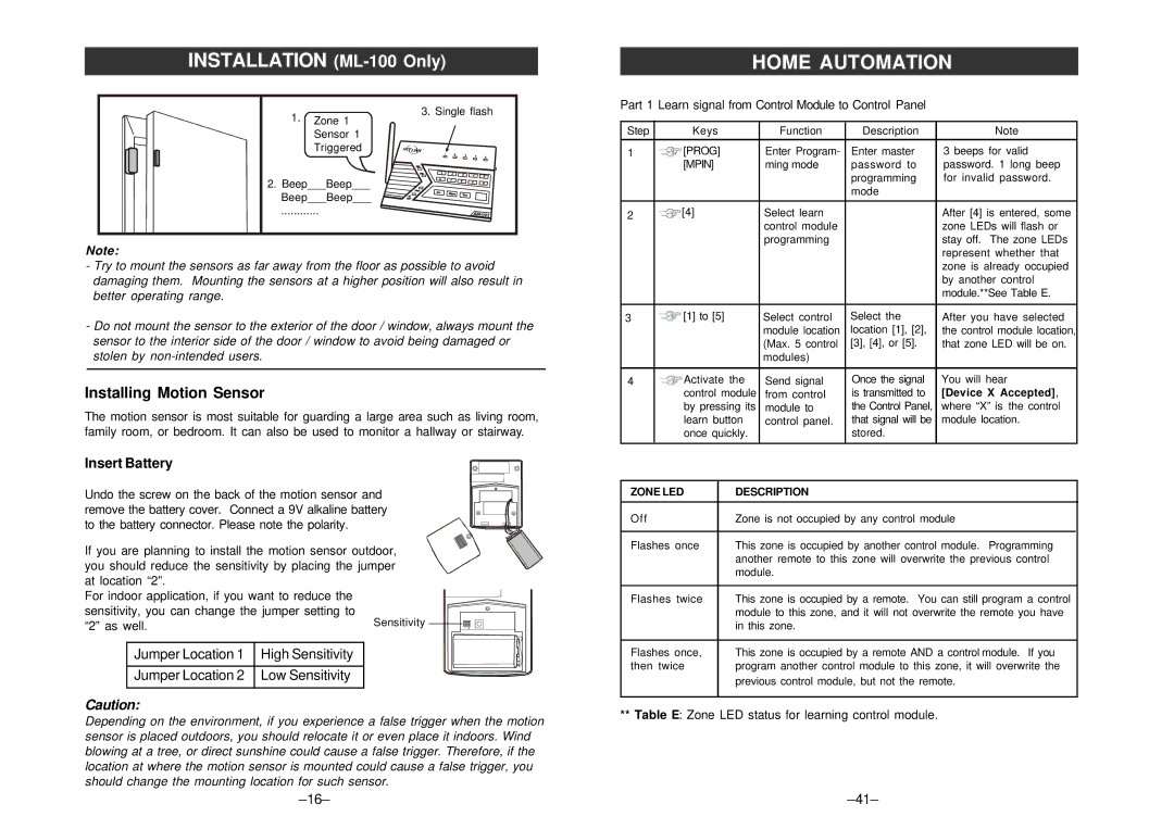 SkyLink ML-100, ML-001 Installing Motion Sensor, Insert Battery, Part 1 Learn signal from Control Module to Control Panel 