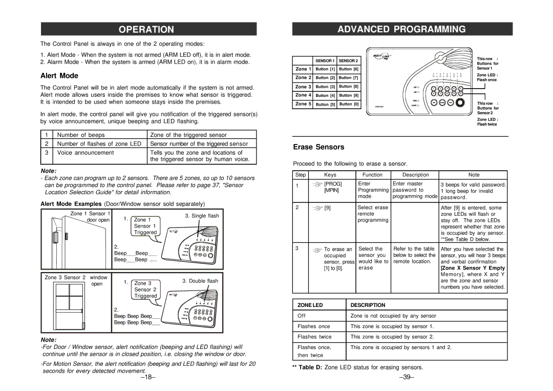 SkyLink ML-100, ML-001 manual Operation, Advanced Programming, Alert Mode, Erase Sensors 