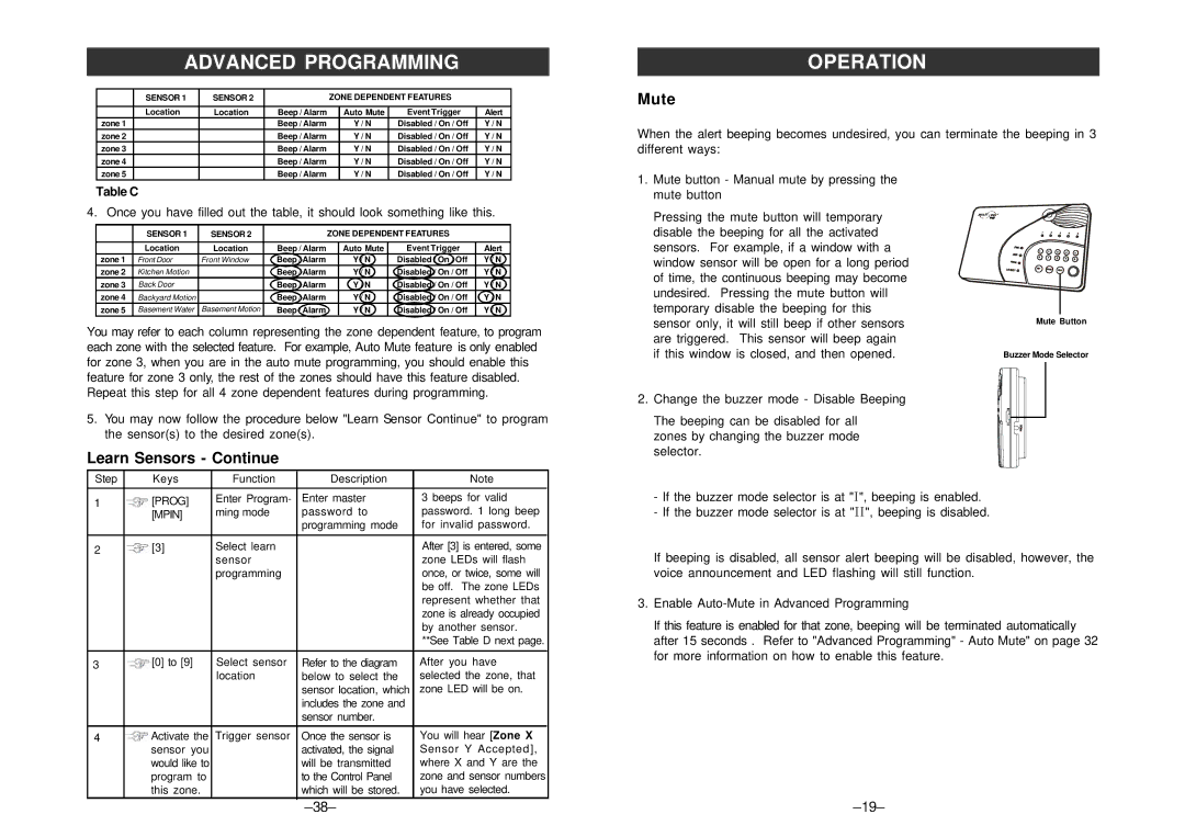 SkyLink ML-001, ML-100 manual Mute, Learn Sensors Continue, Table C 