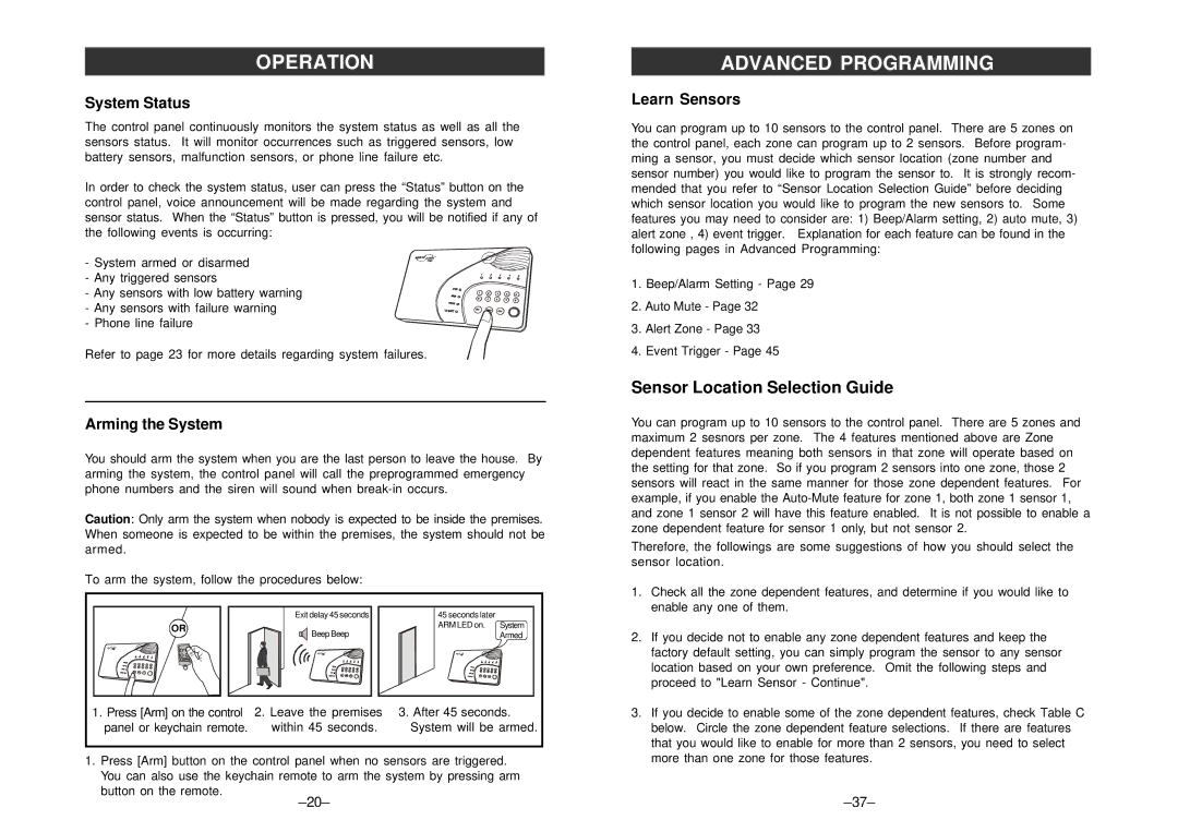 SkyLink ML-100, ML-001 manual System Status, Arming the System, Learn Sensors 