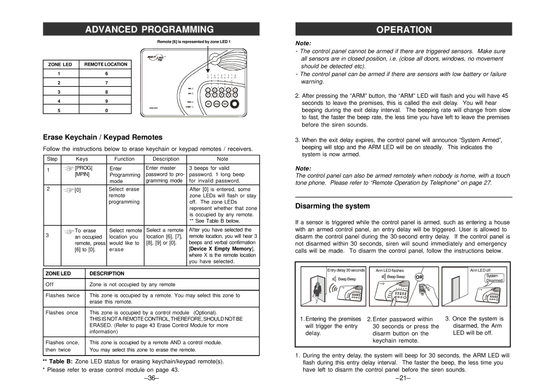 SkyLink ML-001, ML-100 Erase Keychain / Keypad Remotes, Disarming the system, Before the siren sounds, System is now armed 