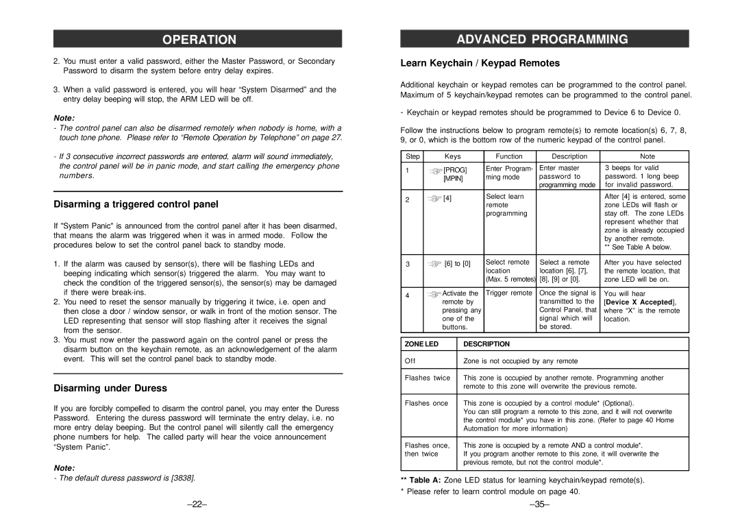 SkyLink ML-100, ML-001 manual Learn Keychain / Keypad Remotes, Disarming a triggered control panel, Disarming under Duress 