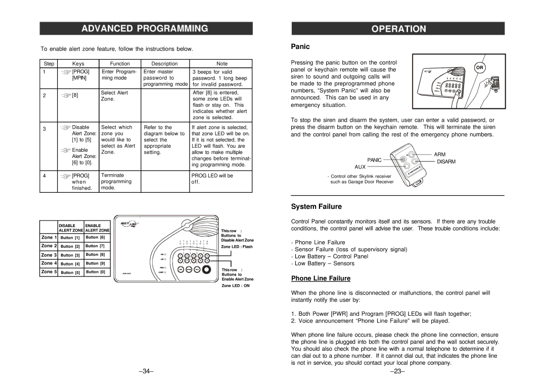 SkyLink ML-001 Panic, System Failure, Phone Line Failure, To enable alert zone feature, follow the instructions below 