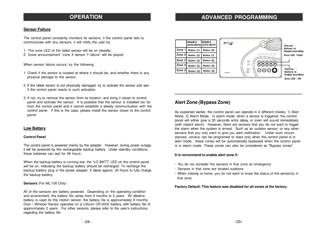 SkyLink ML-100, ML-001 manual Sensor Failure, Low Battery, Control Panel, It is recommend to enable alert zone if 