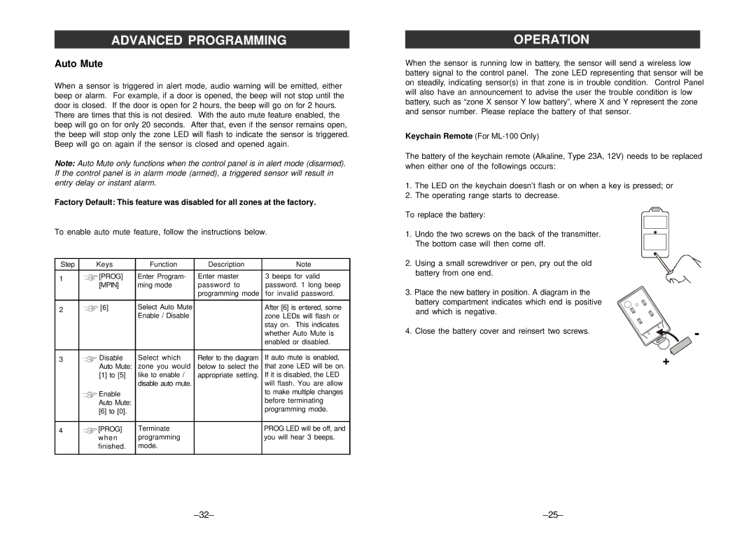 SkyLink ML-001, ML-100 manual Auto Mute, To enable auto mute feature, follow the instructions below 