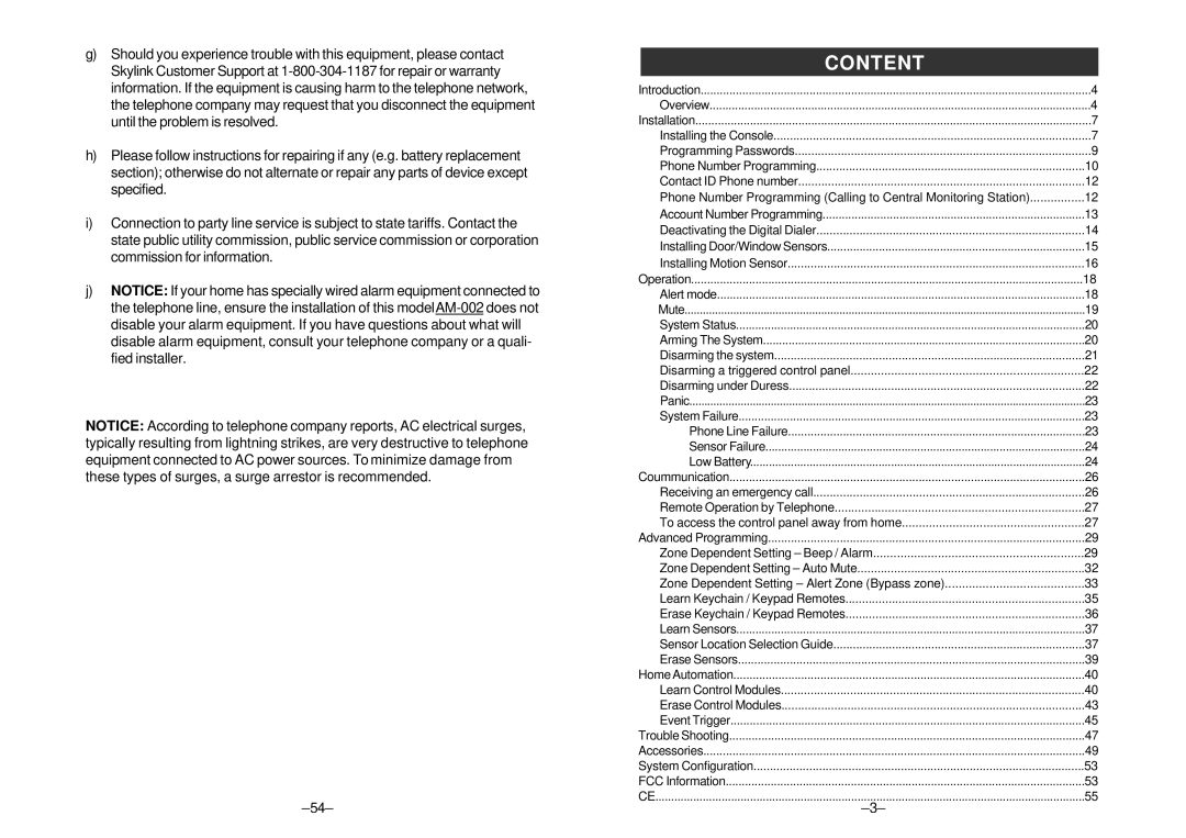 SkyLink ML-001 manual Content, Operation, Disarming a triggered control panel, Learn Control Modules, System Configuration 