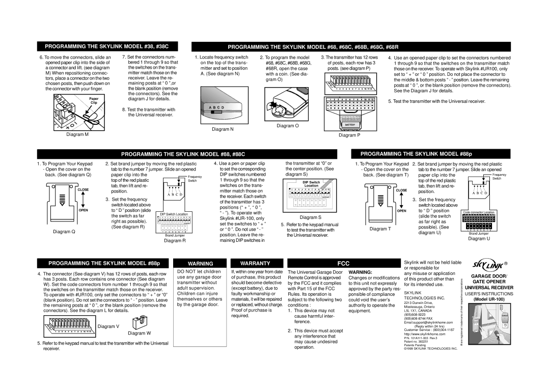 SkyLink Model UR-100 manual Programming the Skylink Model #88, #88C, Warranty, Garage Door, Gate Opener, Universal Receiver 