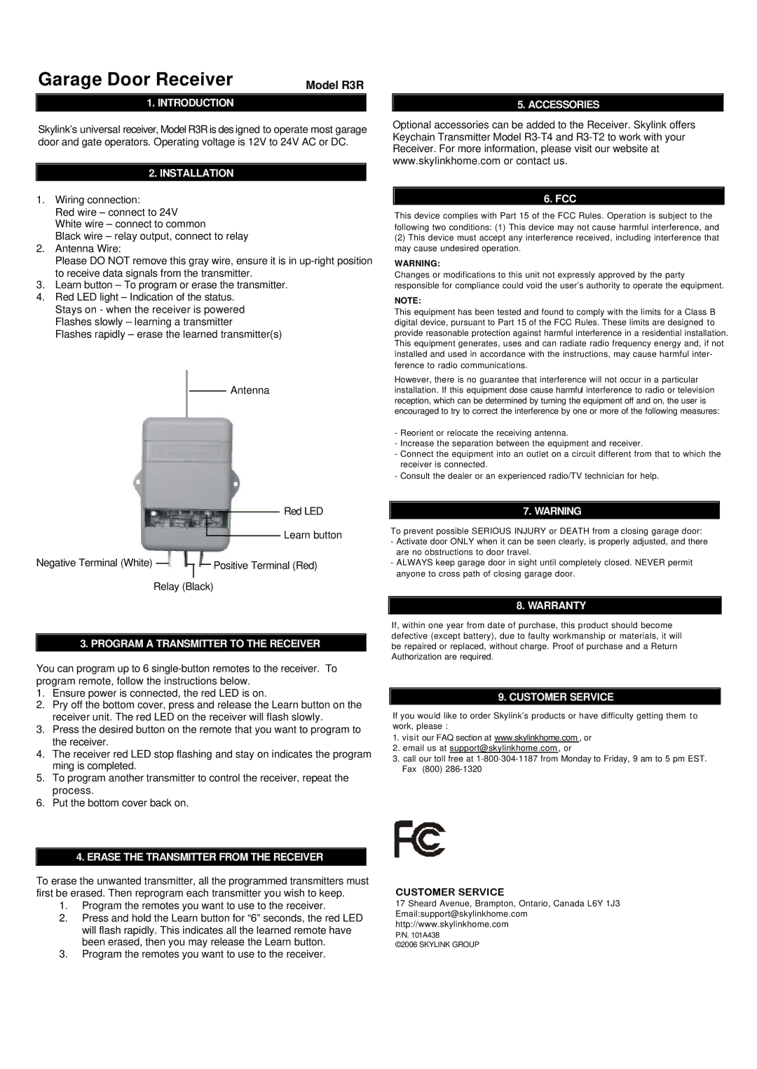 SkyLink MR3R warranty Introduction, Installation, Program a Transmitter to the Receiver, Accessories, Warranty 