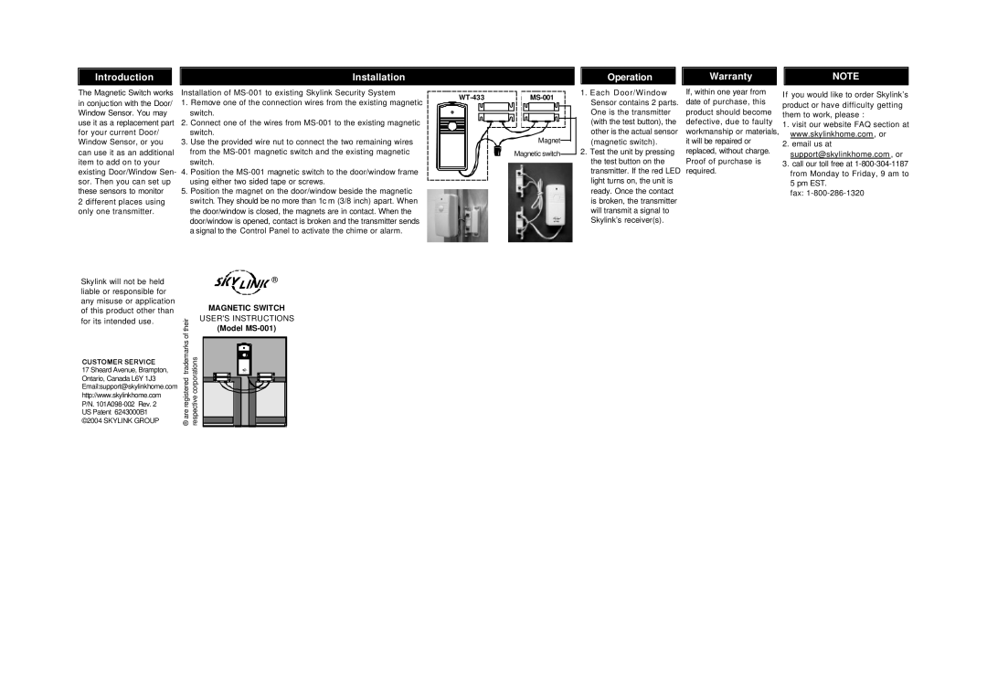 SkyLink MS-001 warranty Introduction Installation Operation Warranty, WT-433 