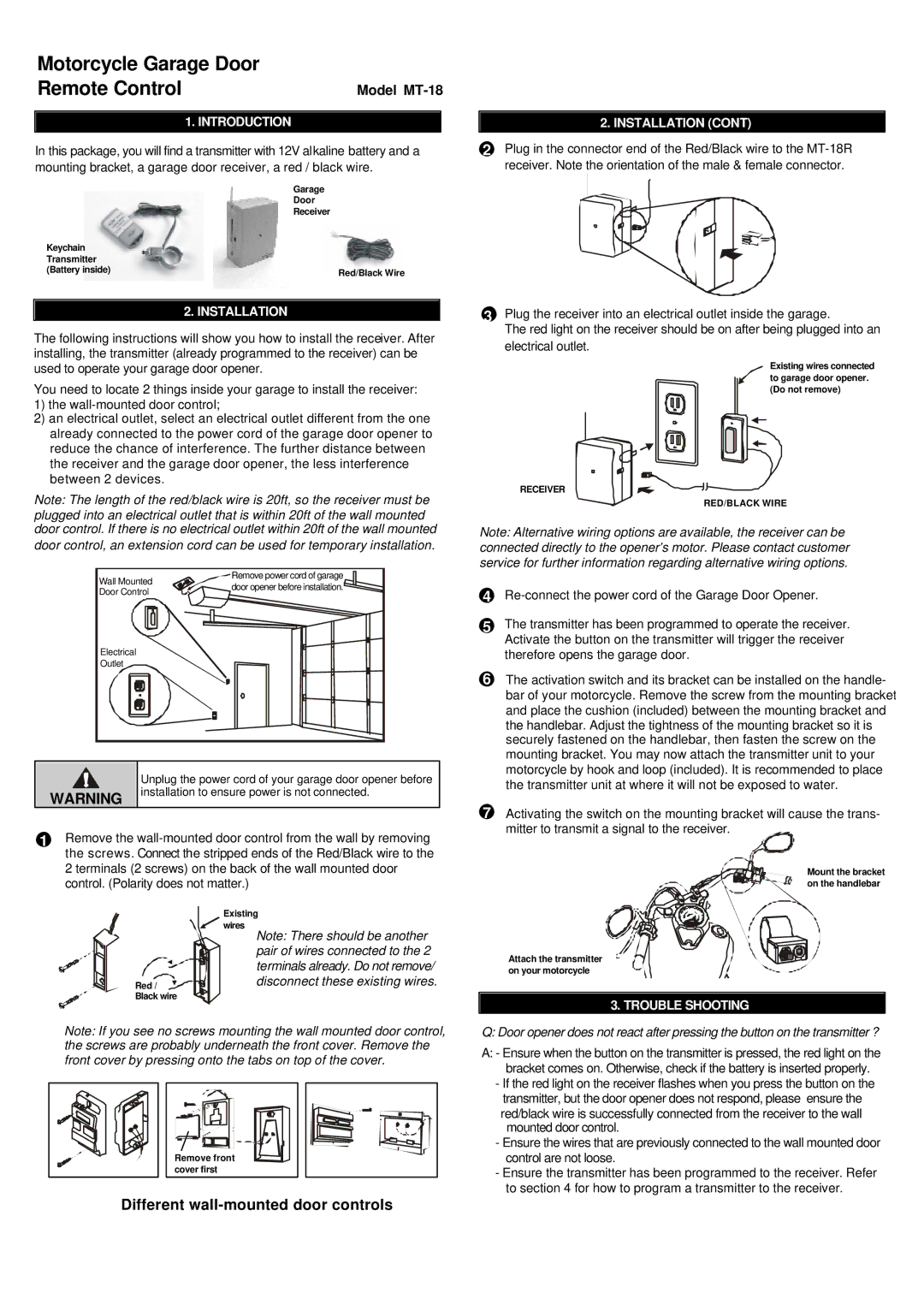 SkyLink MT-18 manual Introduction, Installation, Trouble Shooting 