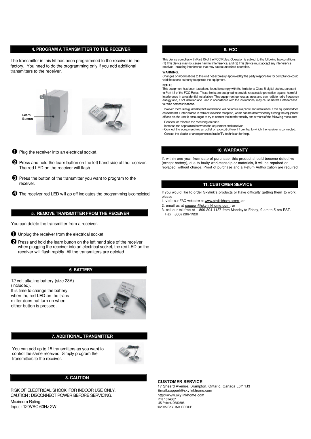 SkyLink MT-18 manual Warranty, Customer Service, Additional Transmitter 