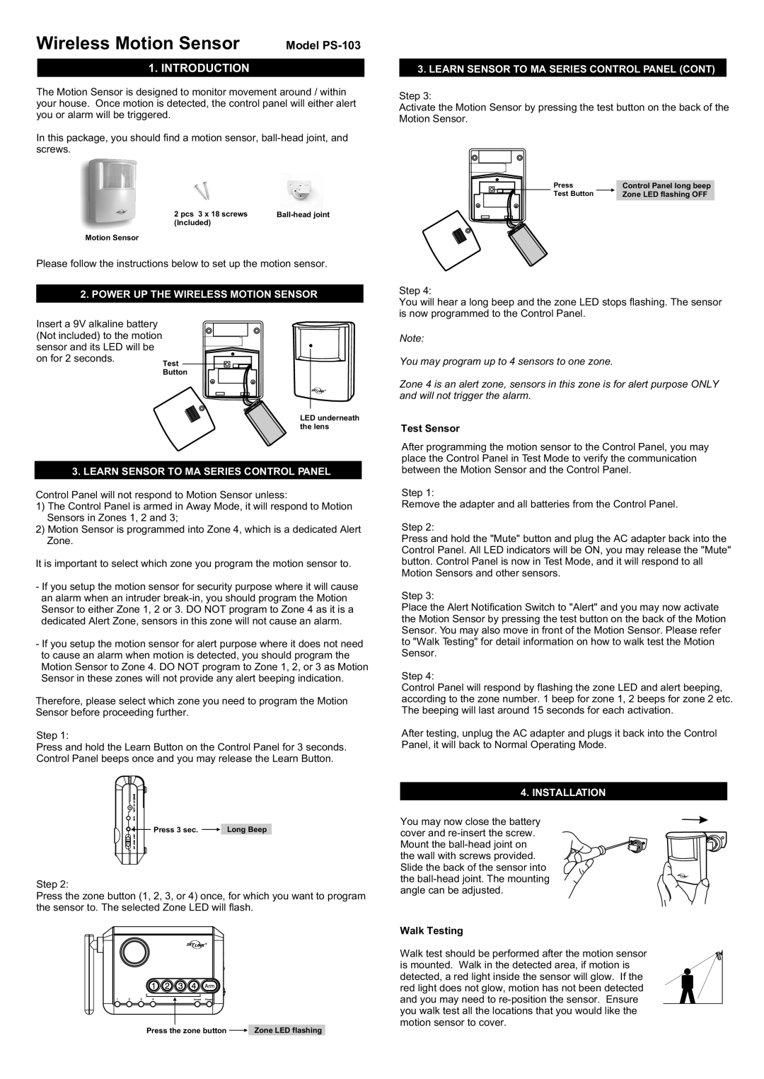 SkyLink PS-103 manual Introduction, Power UP the Wireless Motion Sensor, Learn Sensor to MA Series Control Panel 