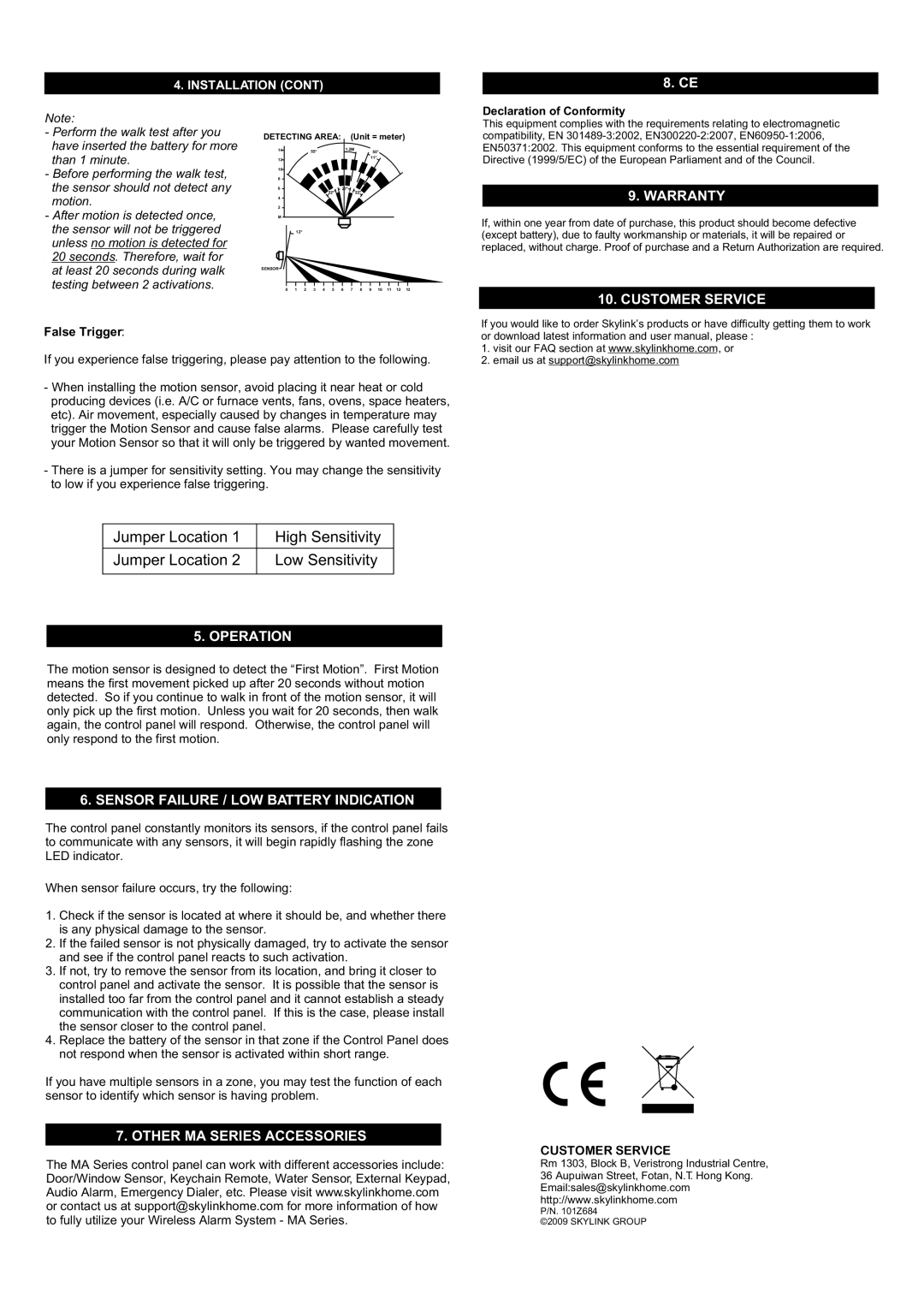 SkyLink PS-103 Warranty, Customer Service, Operation, Sensor Failure / LOW Battery Indication, Other MA Series Accessories 