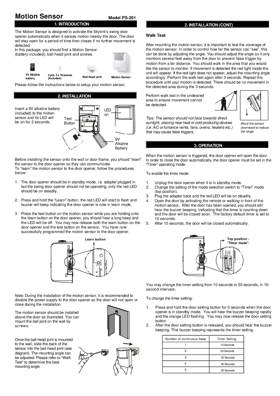 SkyLink PS-201 manual Introduction, Installation, Operation 