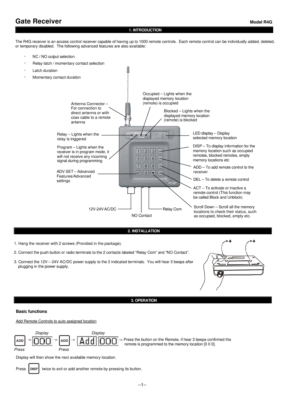 SkyLink manual Model R4G, Basic functions, Introduction, Installation, Operation 