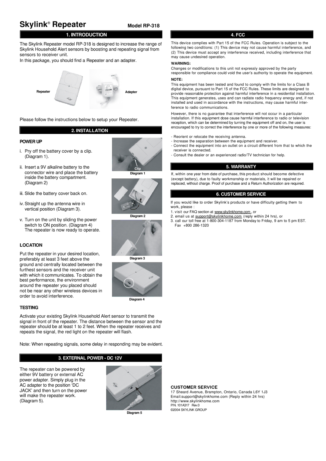 SkyLink RP-318 warranty Installation, Warranty, Customer Service, External Power DC 