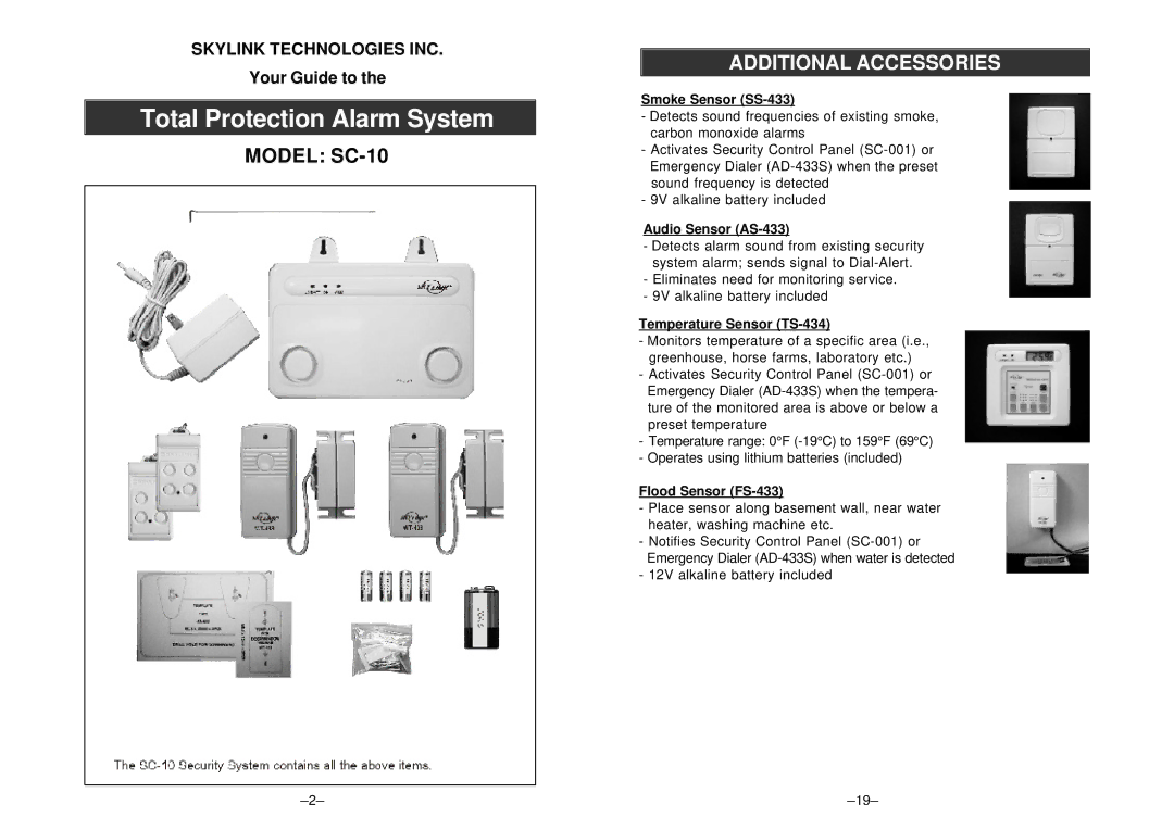 SkyLink SC-10 manual Additional Accessories, Smoke Sensor SS-433, Audio Sensor AS-433, Temperature Sensor TS-434 