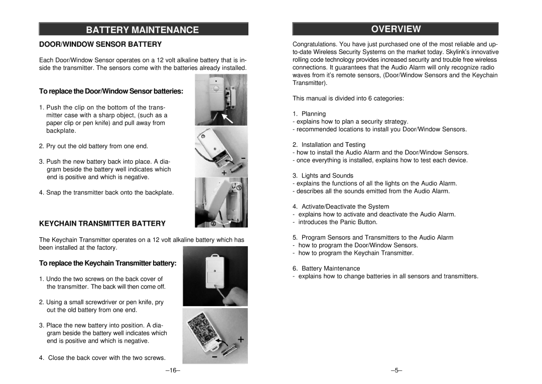 SkyLink SC-10 manual Battery Maintenance, Overview, DOOR/WINDOW Sensor Battery, Keychain Transmitter Battery 