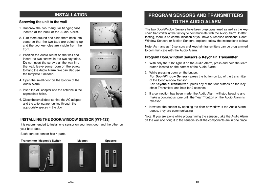 SkyLink SC-10 manual Program Sensors and Transmitters To the Audio Alarm, Screwing the unit to the wall 