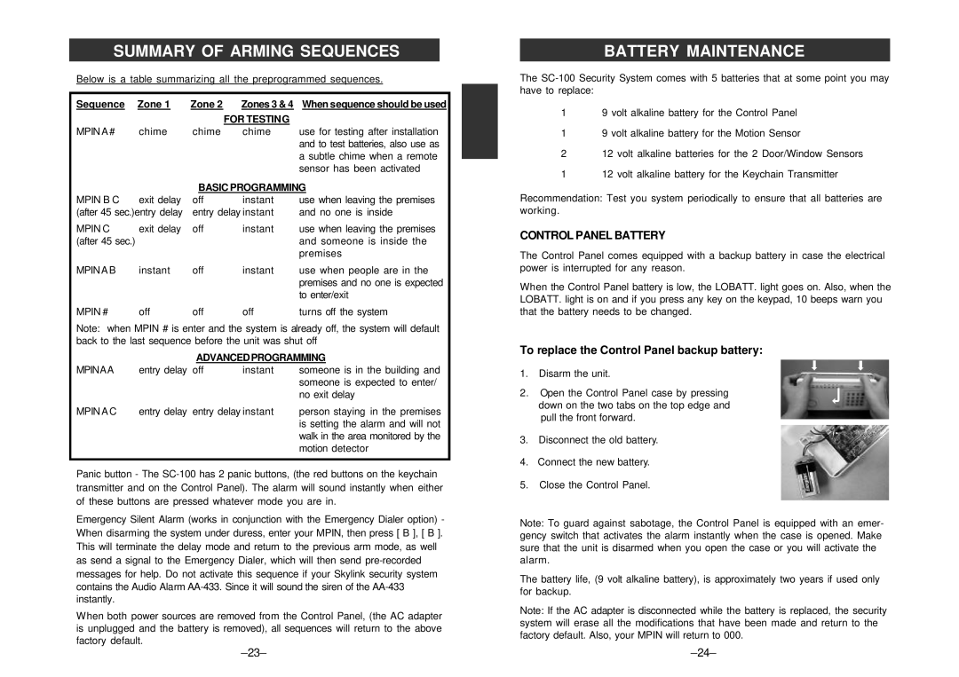 SkyLink SC-100 manual Summary of Arming Sequences, Battery Maintenance, Control Panel Battery, Sequence Zone 