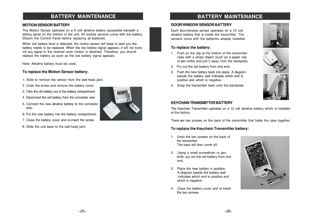 SkyLink SC-100 manual Motion Sensor Battery, DOOR/WINDOW Sensor Battery, Keychain Transmitter Battery 