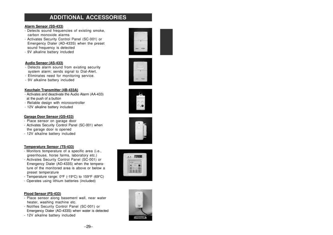 SkyLink SC-100 manual Alarm Sensor SS-433, Audio Sensor AS-433, Keychain Transmitter 4B-433A, Garage Door Sensor GS-433 