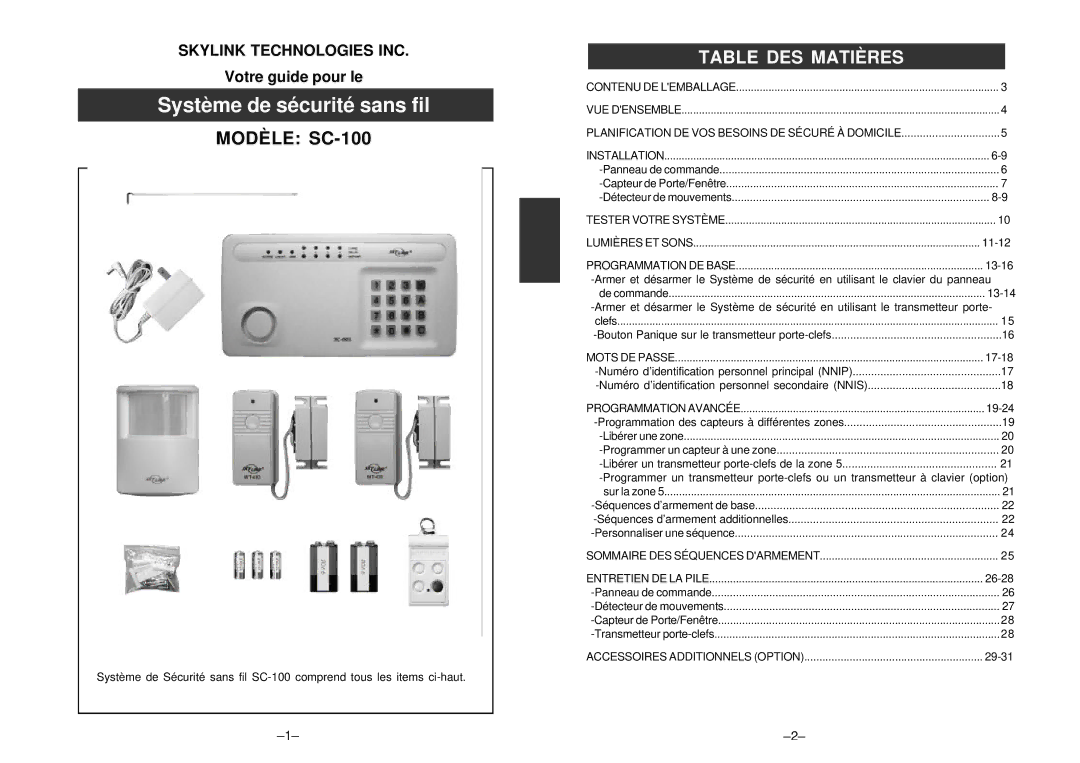 SkyLink SC-100 manual Table DES Matières 