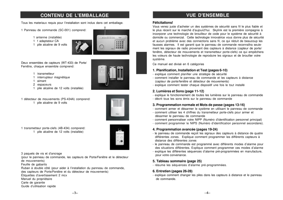 SkyLink SC-100 manual Contenu DE Lemballage, VUE Densemble 