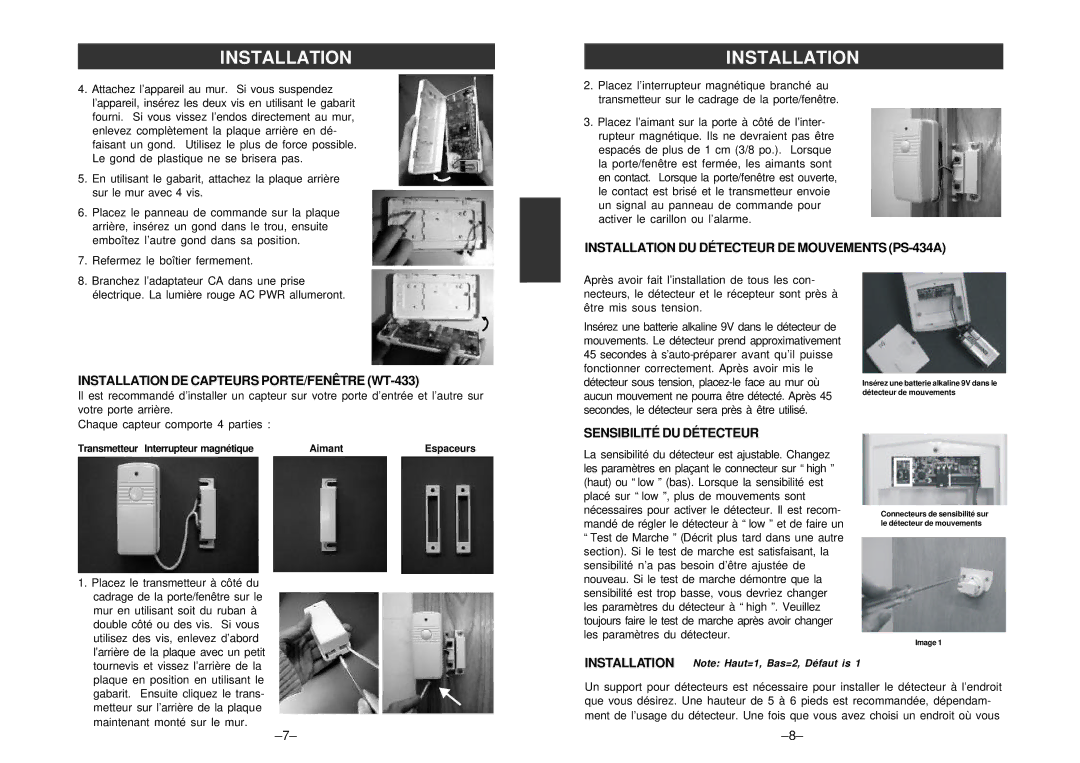 SkyLink SC-100 manual Installation DU Détecteur DE Mouvements PS-434A, Installation DE Capteurs PORTE/FENÊTRE WT-433 