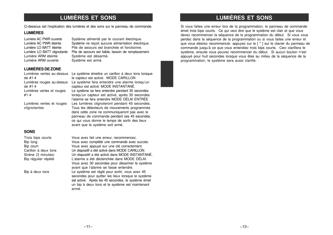 SkyLink SC-100 manual Lumières ET Sons, Lumières DE Zone 