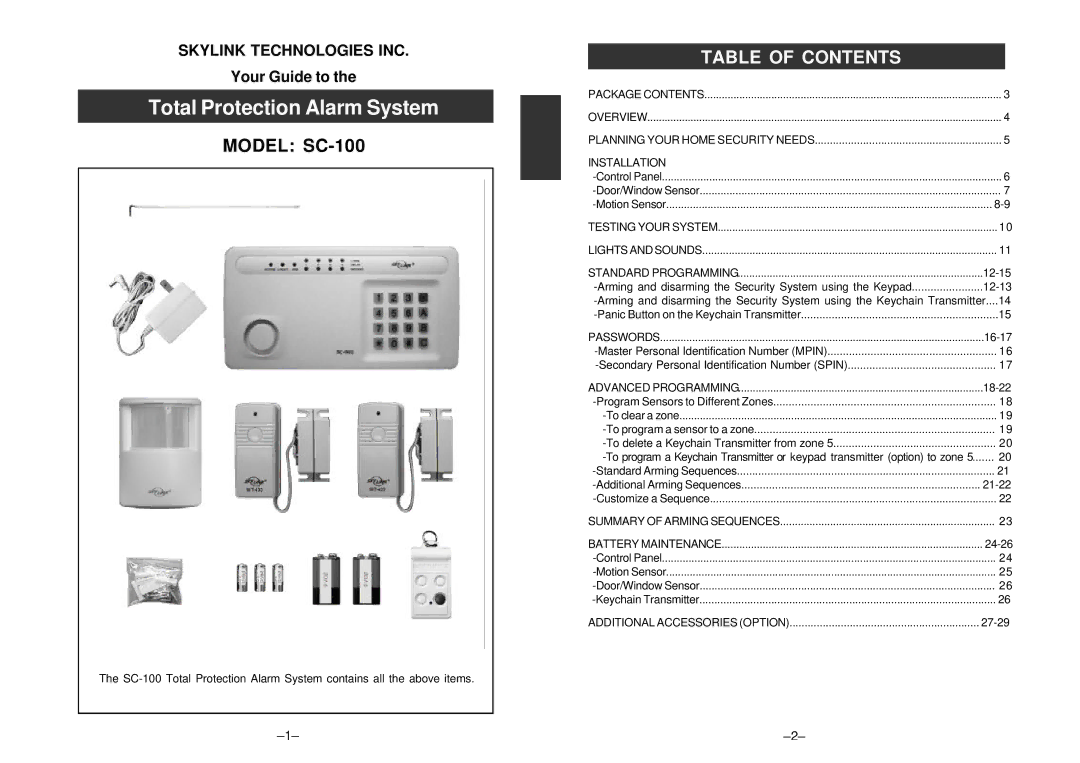 SkyLink SC-100 manual Total Protection Alarm System, Table of Contents 