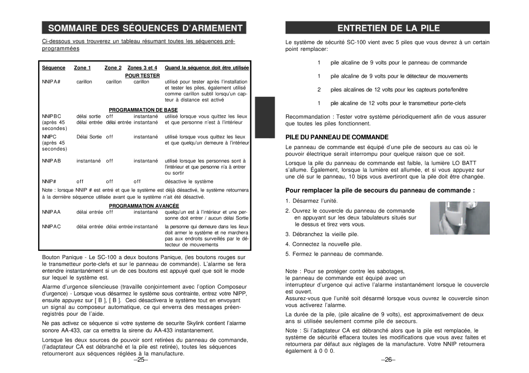 SkyLink SC-100 manual Sommaire DES Séquences D’ARMEMENT, Entretien DE LA Pile, Pile DU Panneau DE Commande 