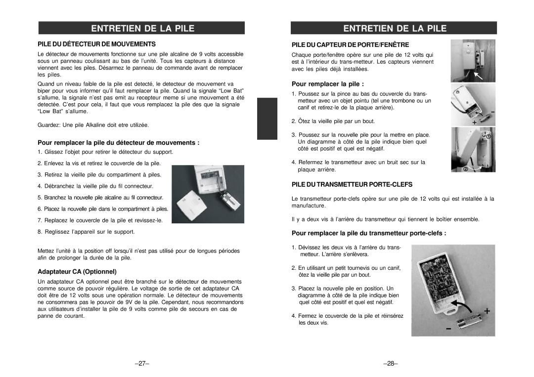 SkyLink SC-100 manual Pile DU Détecteur DE Mouvements, Pile DU Capteur DE PORTE/FENÊTRE, Pile DU Transmetteur PORTE-CLEFS 