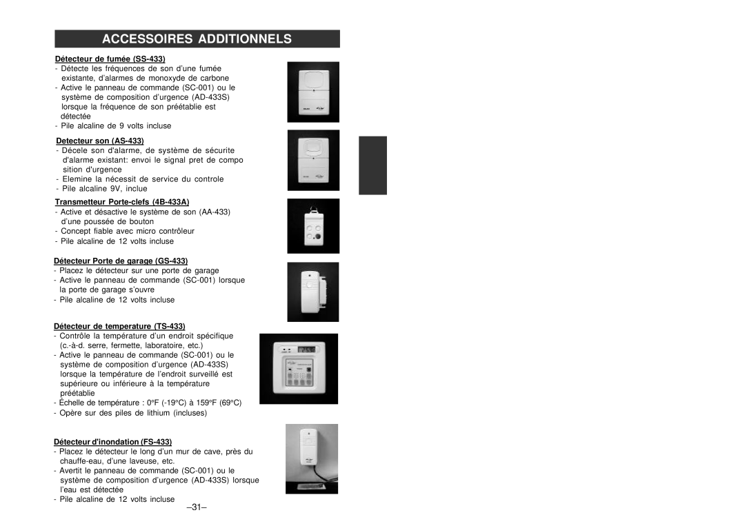 SkyLink SC-100 manual Détecteur de fumée SS-433, Detecteur son AS-433, Transmetteur Porte-clefs 4B-433A 